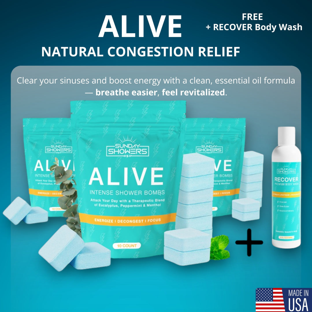 ALIVE Shower Bombs 3 Pack (30 Bombs) + Free RECOVER Body Wash