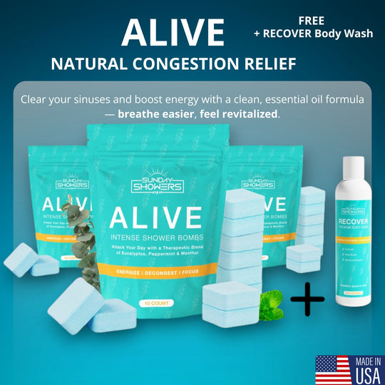 ALIVE Shower Bombs 3 Pack (30 Bombs) + Free RECOVER Body Wash