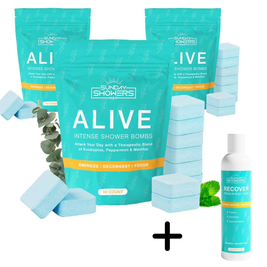 ALIVE Shower Bombs 3 Pack (30 Bombs) + Free Recovery Body Wash