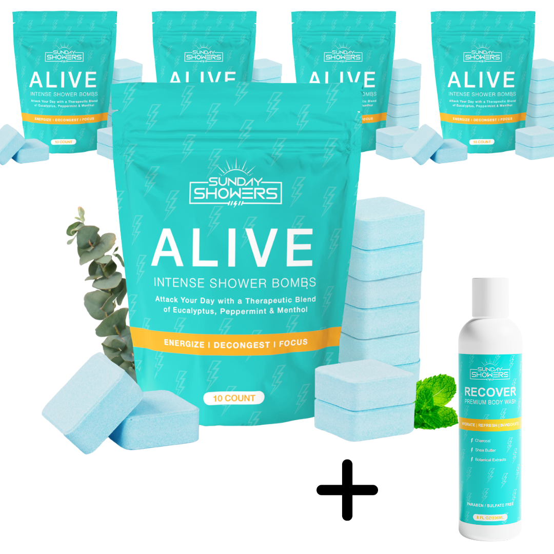 ALIVE Shower Bombs 5 Pack (50 Bombs) + Free Recovery Body Wash